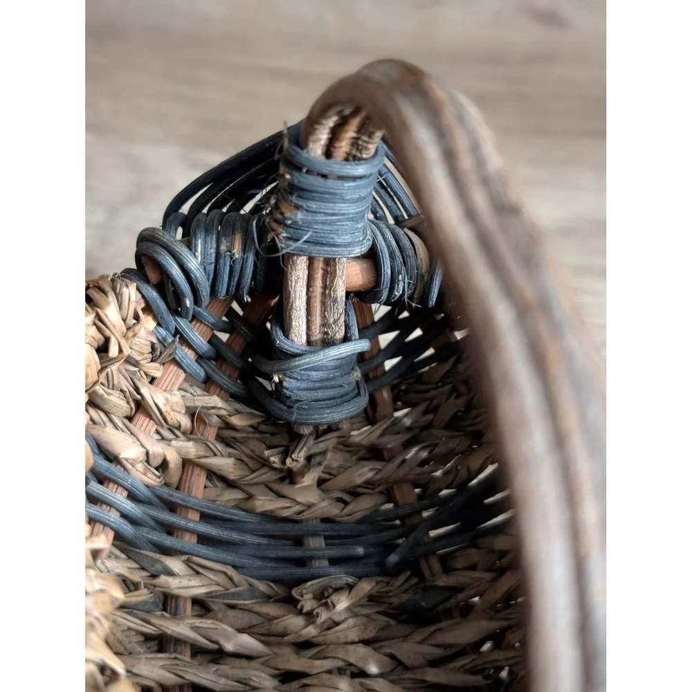 Vintage Miniature Woven Basket Blueish Green & Brown Seagrass Twig Handle Rustic